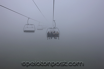 chair lift to top of Tourmalet in fog