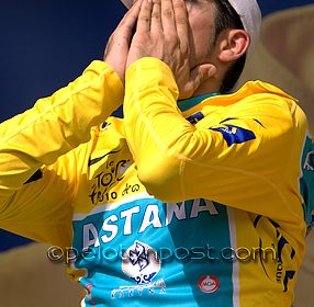 Alberto Contador overcome with emotion at 2010 Tour de France